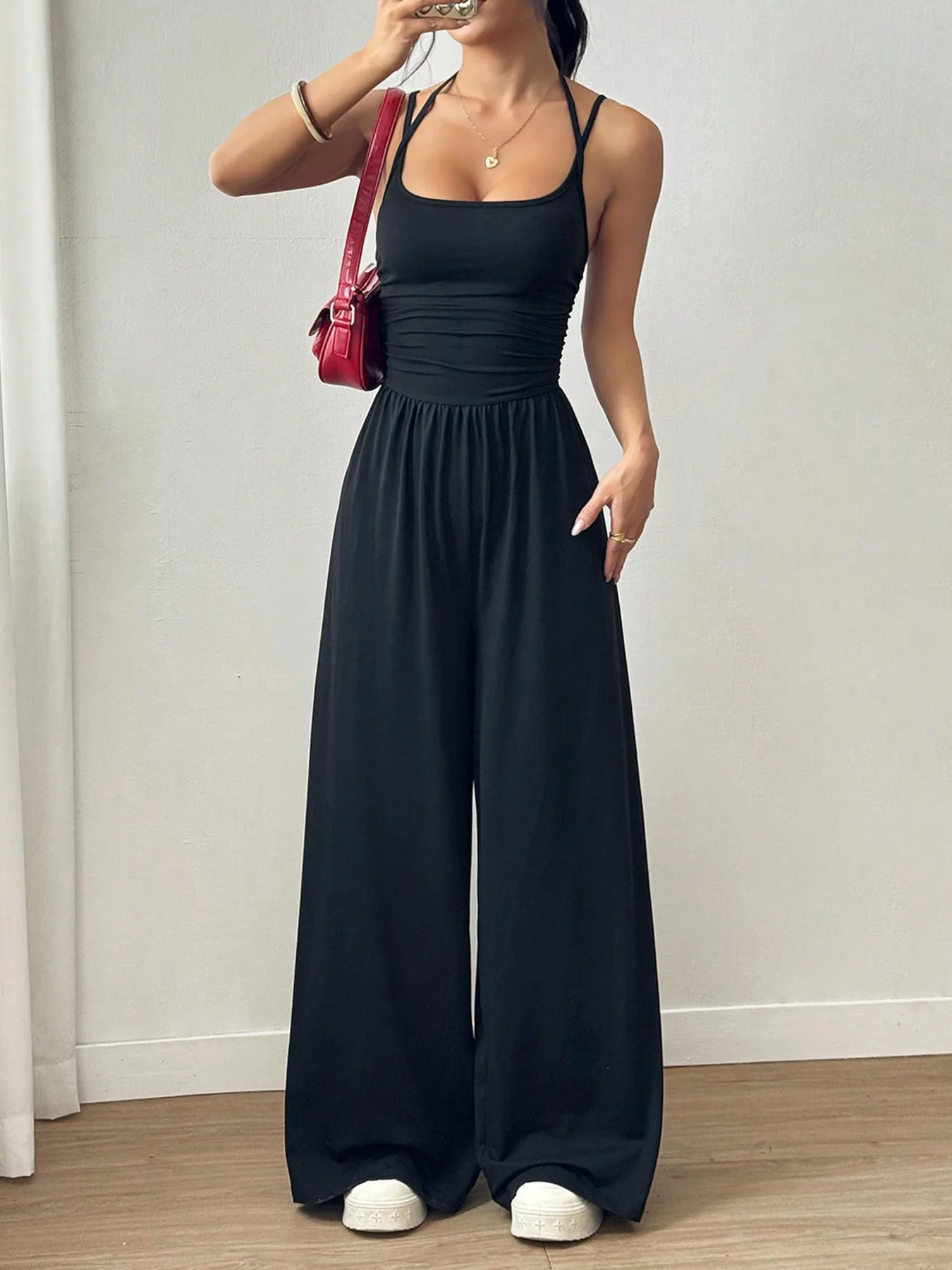 

Sexy Black Cami Jumpsuit Women Wide Leg Jumpsuit Waist Cinched Strappy Jumpsuit Summer Elegant Beach Overalls Outfit Set