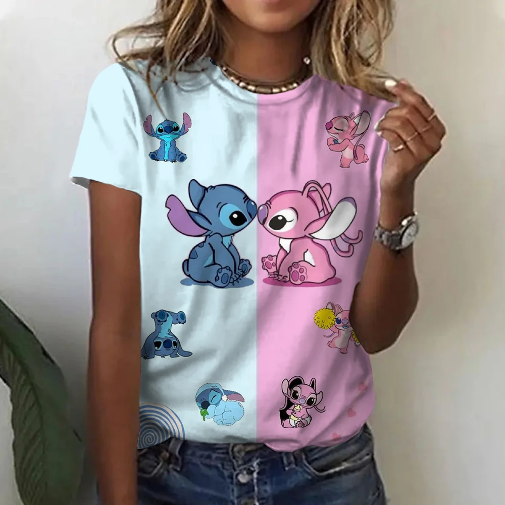 Camiseta estampada com costura Disney feminina, camiseta harajuku, manga curta, tops casuais, roupas de desenho, camiseta Y2K