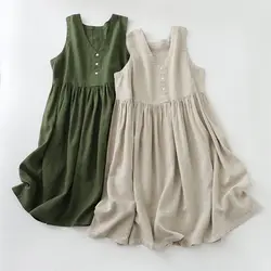 Women's Cotton And Linen Solid Color Sleeveless Vest Dress