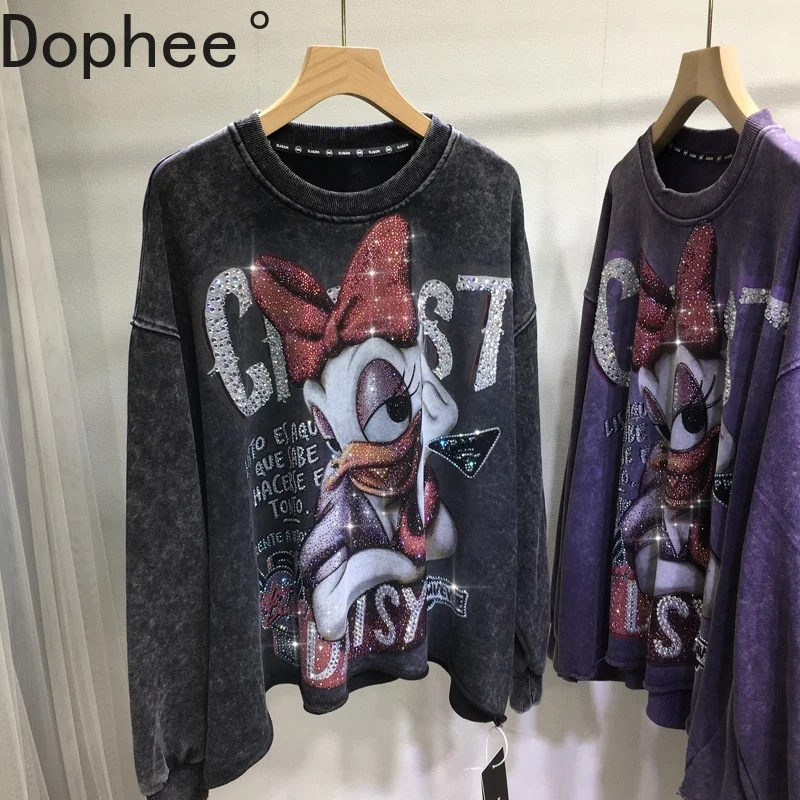 

Trendy Cartoon Hot Drilling Long Sleeve Sweatshirt Autumn Winter Age Reduction Round Neck Oversize Pullovers Casual Women Hoodie