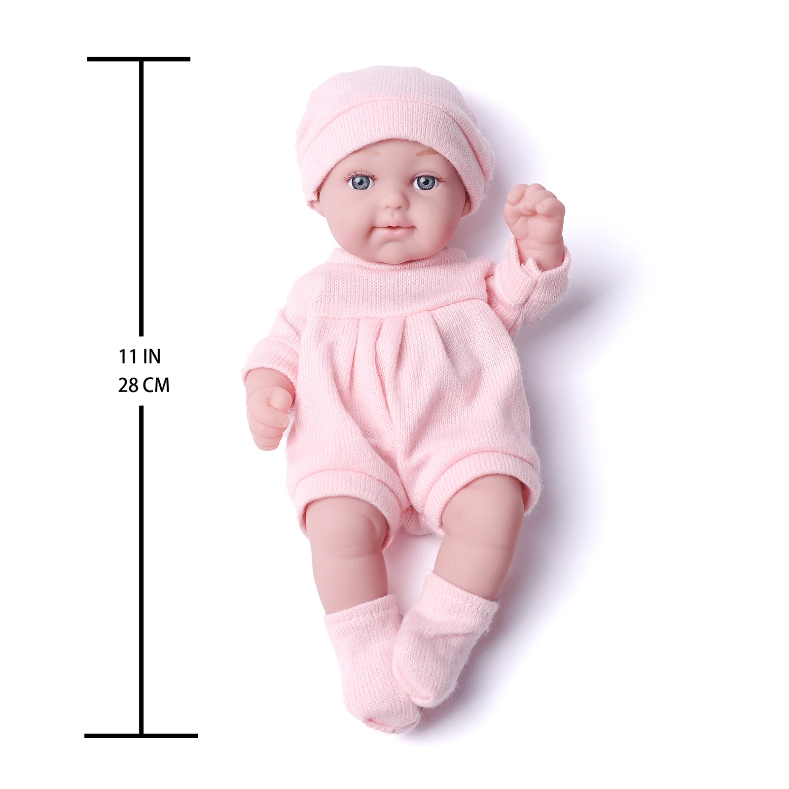 11Inches Realistic Simulation Newreborn Baby Dolls Pink Pattern Hat Stocking & Clothes Birthday Gift for Girl\'s Birthday Gift