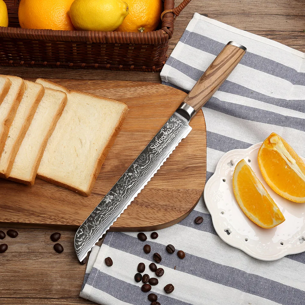 Sunnecko-cuchillo para pan dentado, acero damasco, cocina japonesa, Chef, hornear, tostada, pastel, rebanar, melones, pechuga, caja de regalo, herramienta