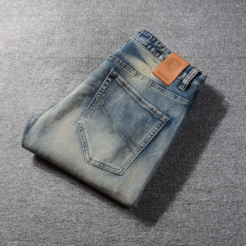 Street Fashion Men Jeans Retro Washed Blue High Quality Embroidery Designer Slim Ripped Jeans Stretch Vintage Denim Pants Men