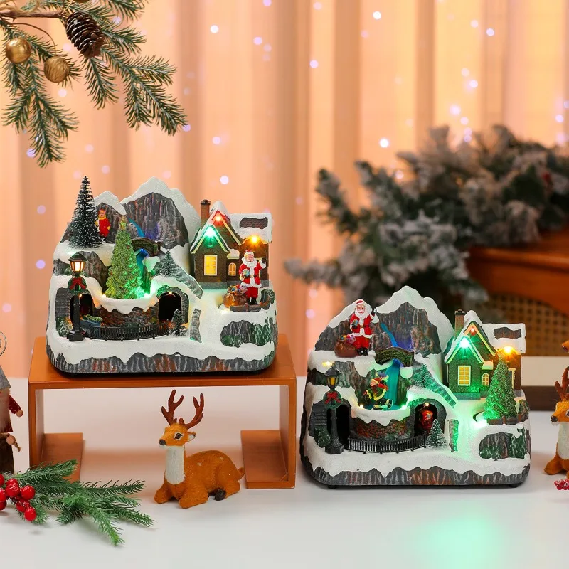 Christmas Music Box Double‑Rotating Train House Resin Light‑Up Ornament USB Powered Xmas Gift Tabletop Holiday Home Decoration