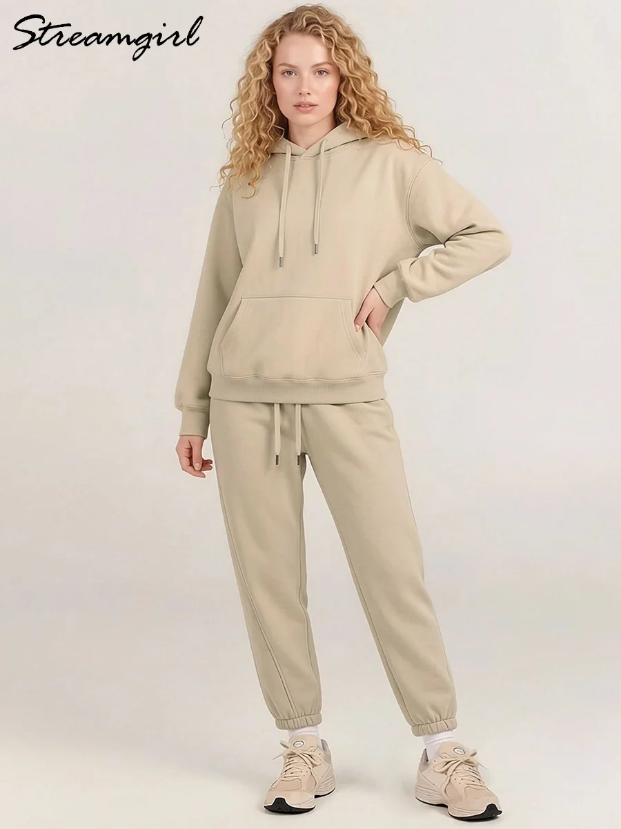 Streamgirl Winter Fleece Tracksuit Women Two Piece Set Hoodie And Pant Gray Thick Warm Sweatpants Set For Woman Velvet Sweatsuit