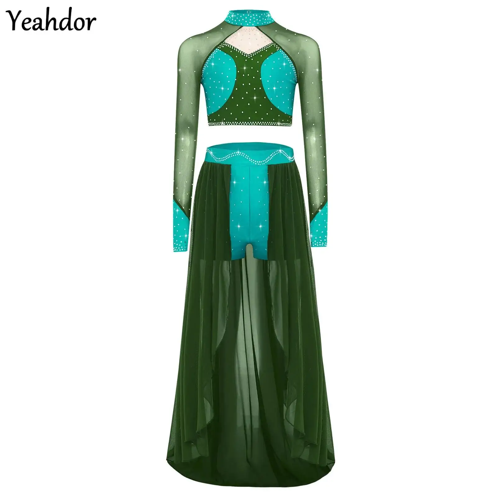 

Girls Modern Lyrical Dance Set Mock Neck Long Sleeve Sheer Mesh Rhinestone Crop Top And Skirt Ballet Gymnastic Skating Dancewear