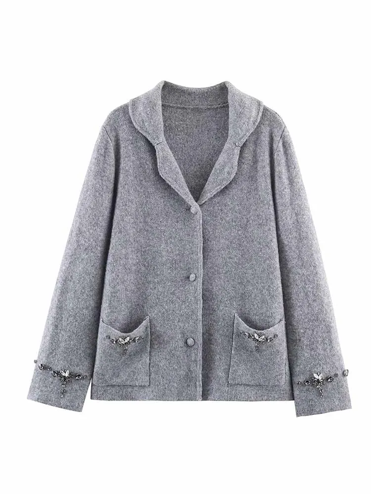 

HH Woman Spring Fashion Casual Long Sleeves Lapel Beaded Decoration Soft Knitted Jacket Female Street Style Knitted Cardigan