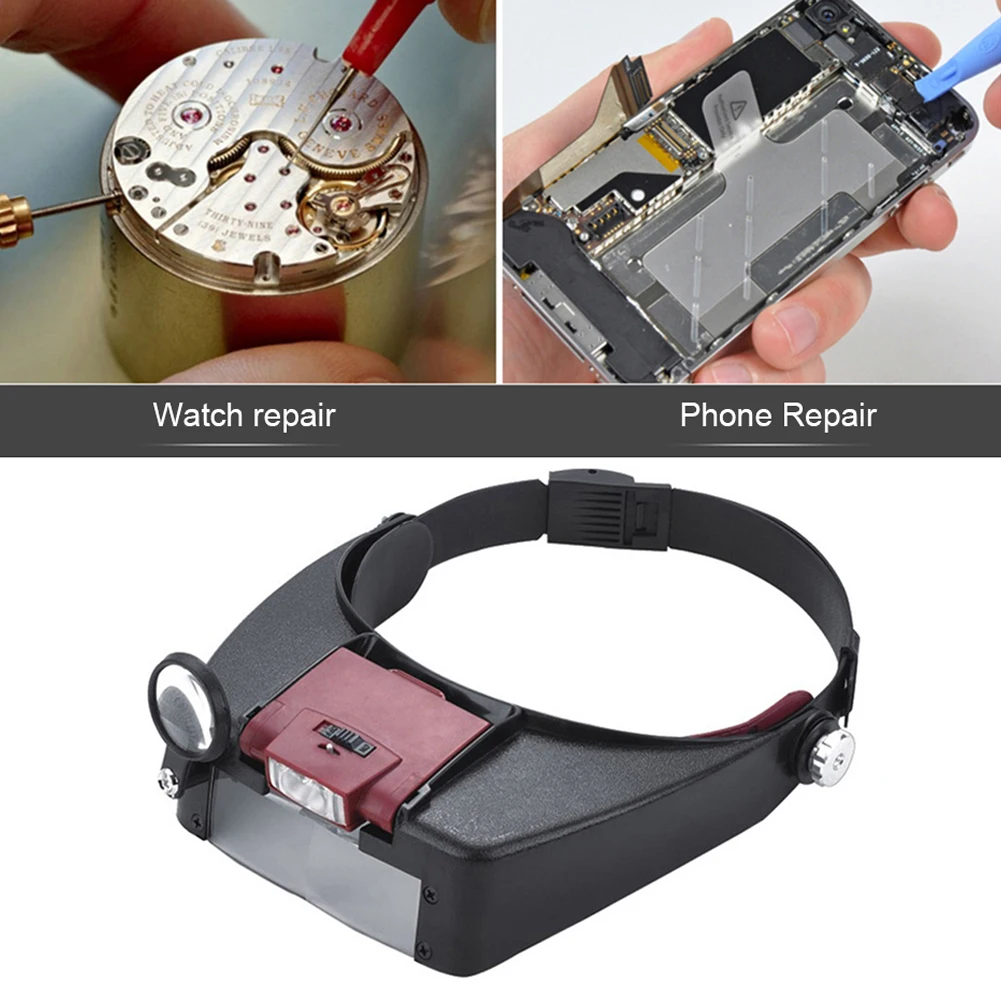 LED Light Headworn Magnifier Hands Free Illuminated Magnifier 1.5x 3x 8.5x 10x Adjustable Band Watch Repair Supplies