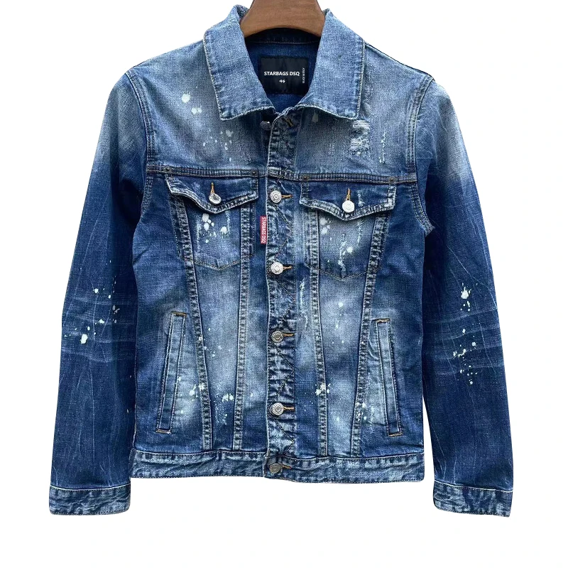 

Men's denim jacket starbags dsq1902 punk hole torn paint, splashed ink, heavily washed patch, slim fit jeans coat rock jacket