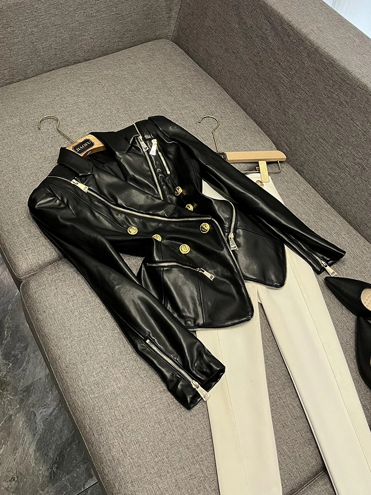 

Faionable Slim Fit Double Breasted Zipper Detailing Leather Jaet Coat A20825 Commute Sle Long Sve PU Leather Coat