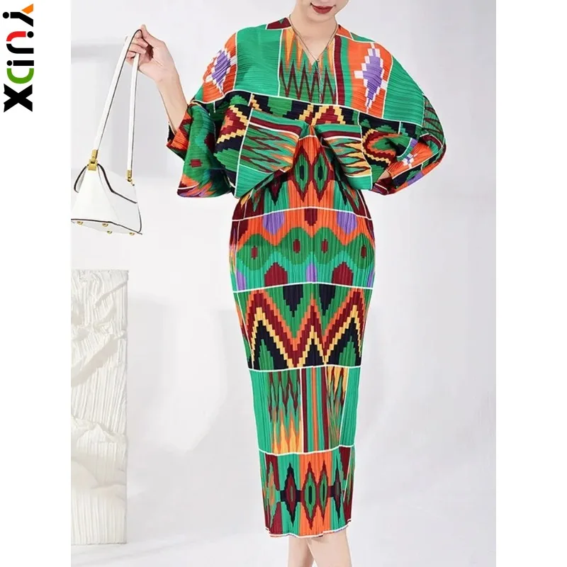 YUDX Miyake Pleated Batwing Sleeves Dress Fashion Printed V-Neck Color Block Loose Elegant Dresses for Women 2024 New Clothing