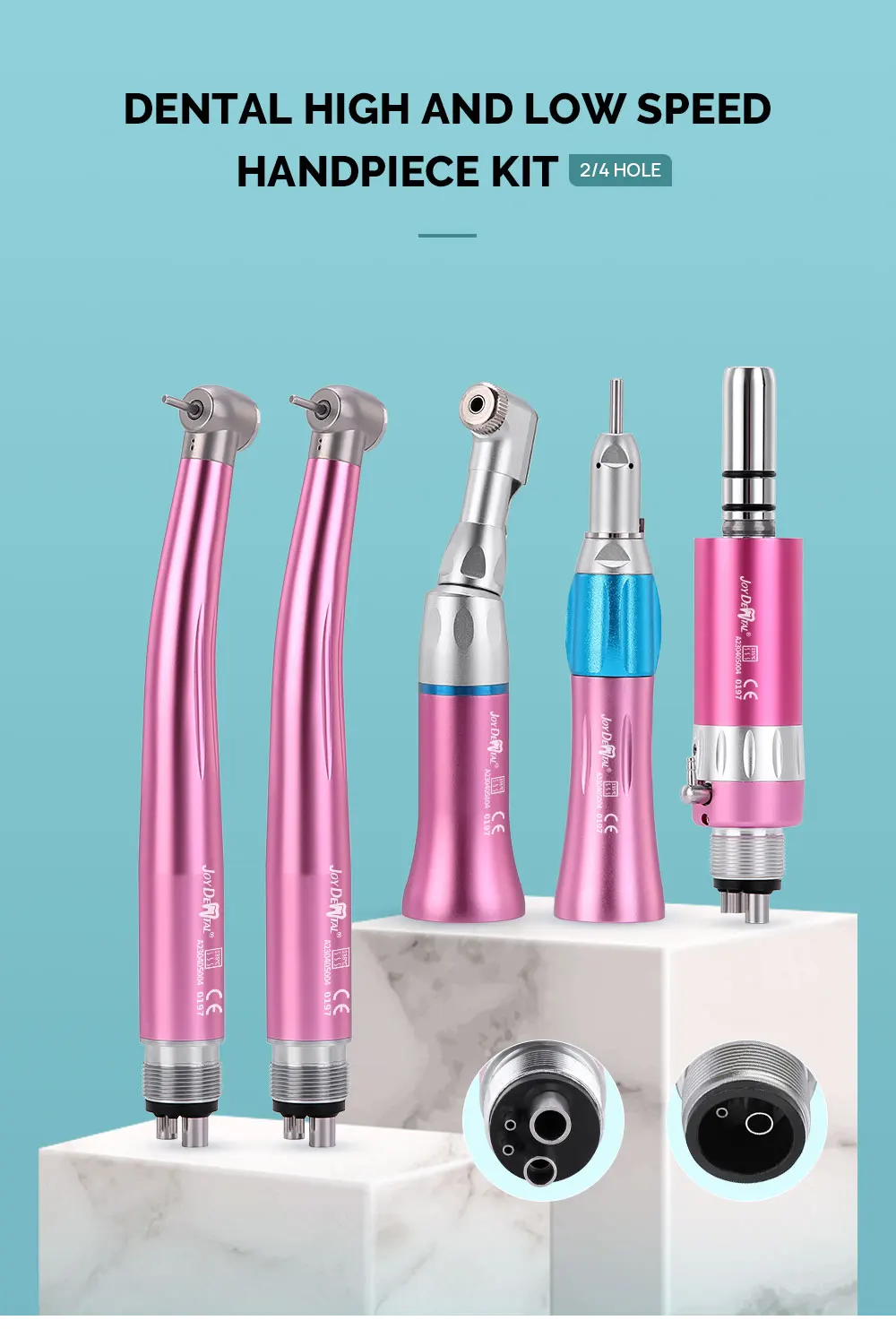 JOY DENTAL Dental Color Handstück-Set mit hoher und niedriger Geschwindigkeit, Druckknopf, Winkelstück, Einweg-Wasserspray, Luftturbine, 2/4 Löcher – Detail 1