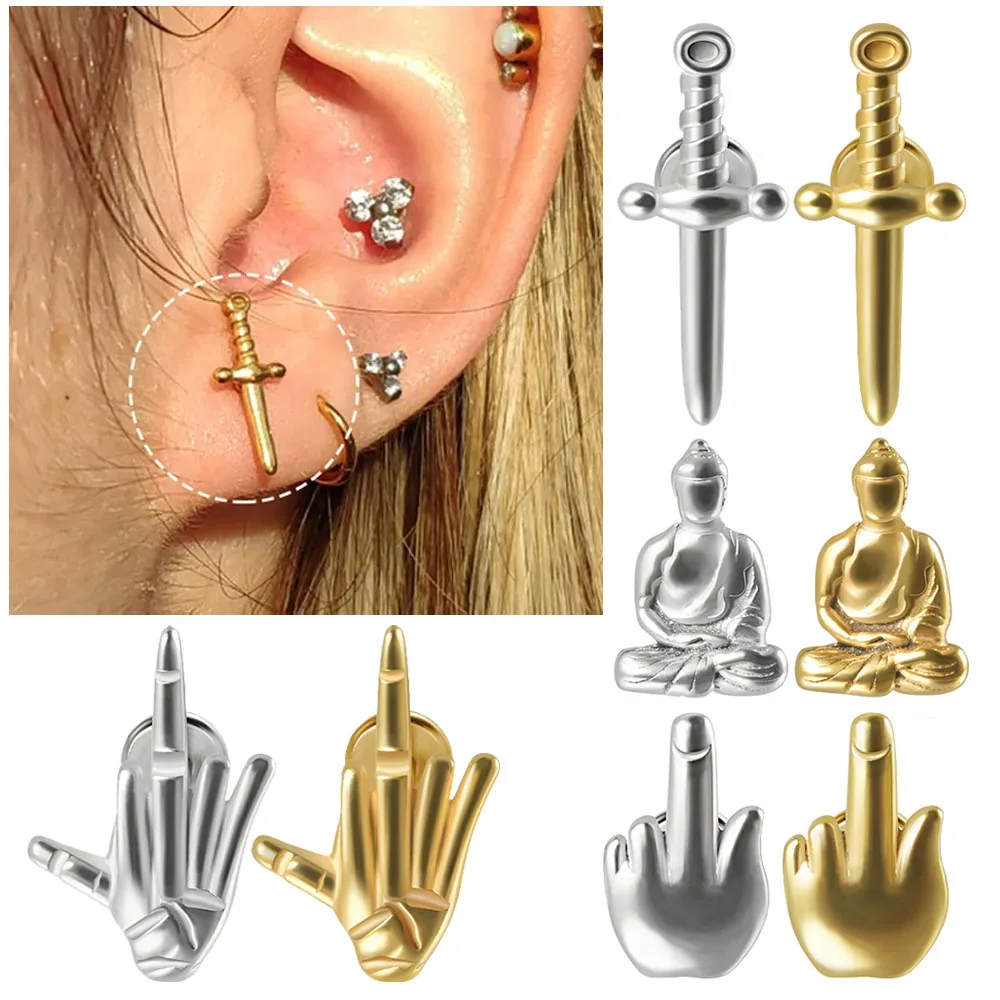 Stainless Steel Sword Lip Ring Flat Back Labret Stud Middle Finger Buddha Ear Tragus Cartilage Helix Earring Piercing Jewelry