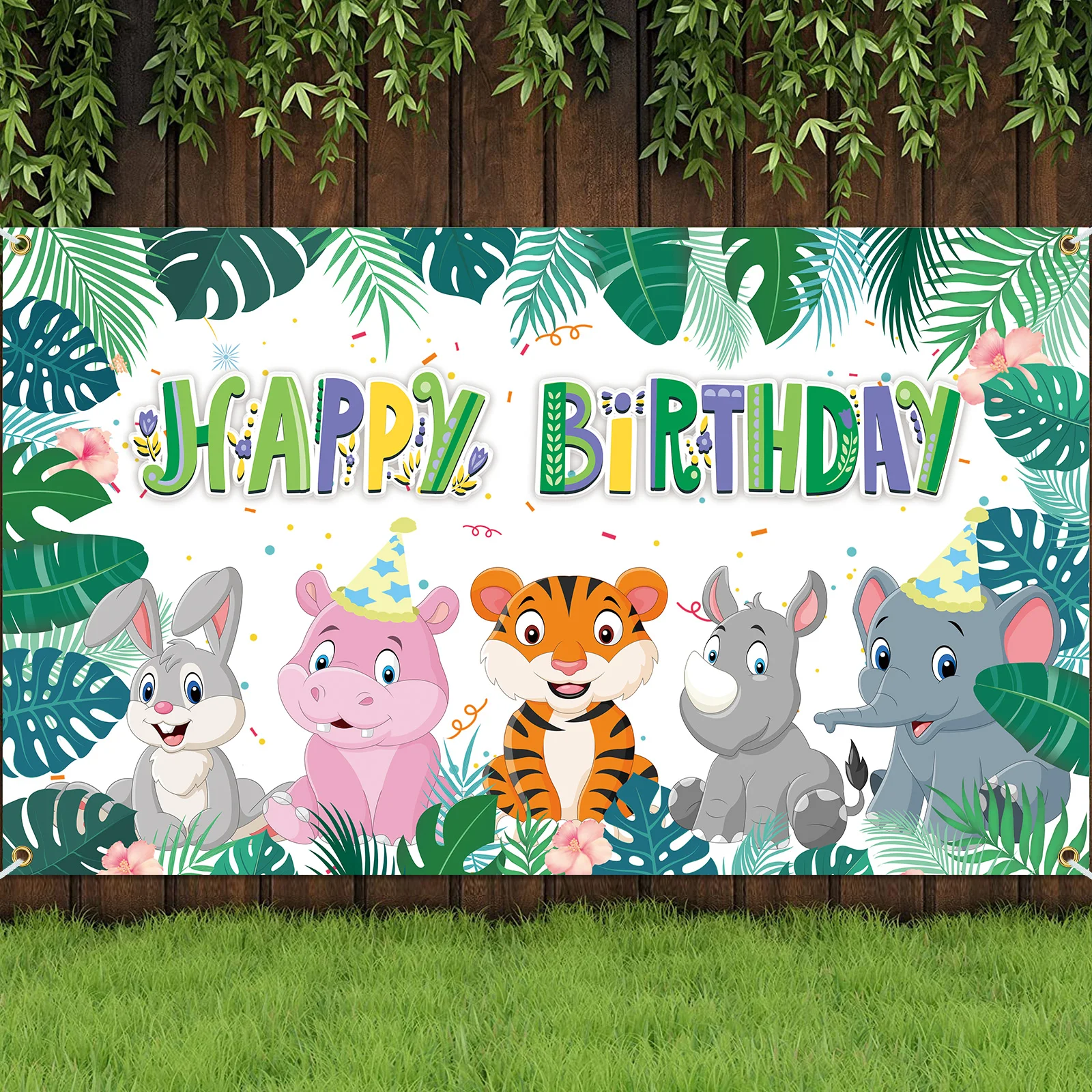 Safari Birthday Decorations Backdrop Banner,Jungle Animal Theme Party Supplies Green Wild for Happy Birthday Party