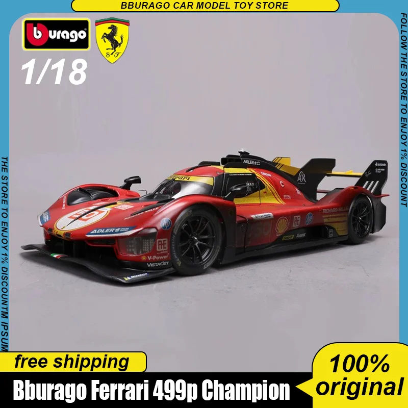 

New In Stock Bburago 1:18 Ferrari 499p Champion 2024 24h Lemans Racing #50 Muddy Dirty Version Alloy Miniature Diecast Model Toy