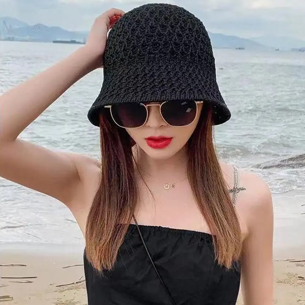 Bucket Hat Spring Summer Hollow Knitted Hat Solid Color Sunhat Fisherman Caps Casual Foldable Beach Cap