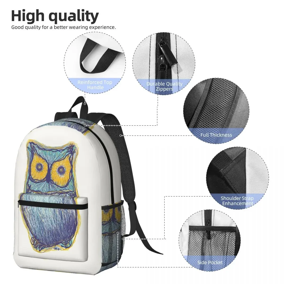 Owl Sketch Pencil Drawing Art Backpack Boys Girls BookBag Children School Bag Computer Shoulder Bags for Men Women