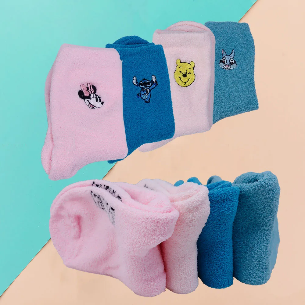 4 pairs Disney Mickey coral fleece autumn and winter warm socks, thickened three-dimensional cartoon embroidery floor socks