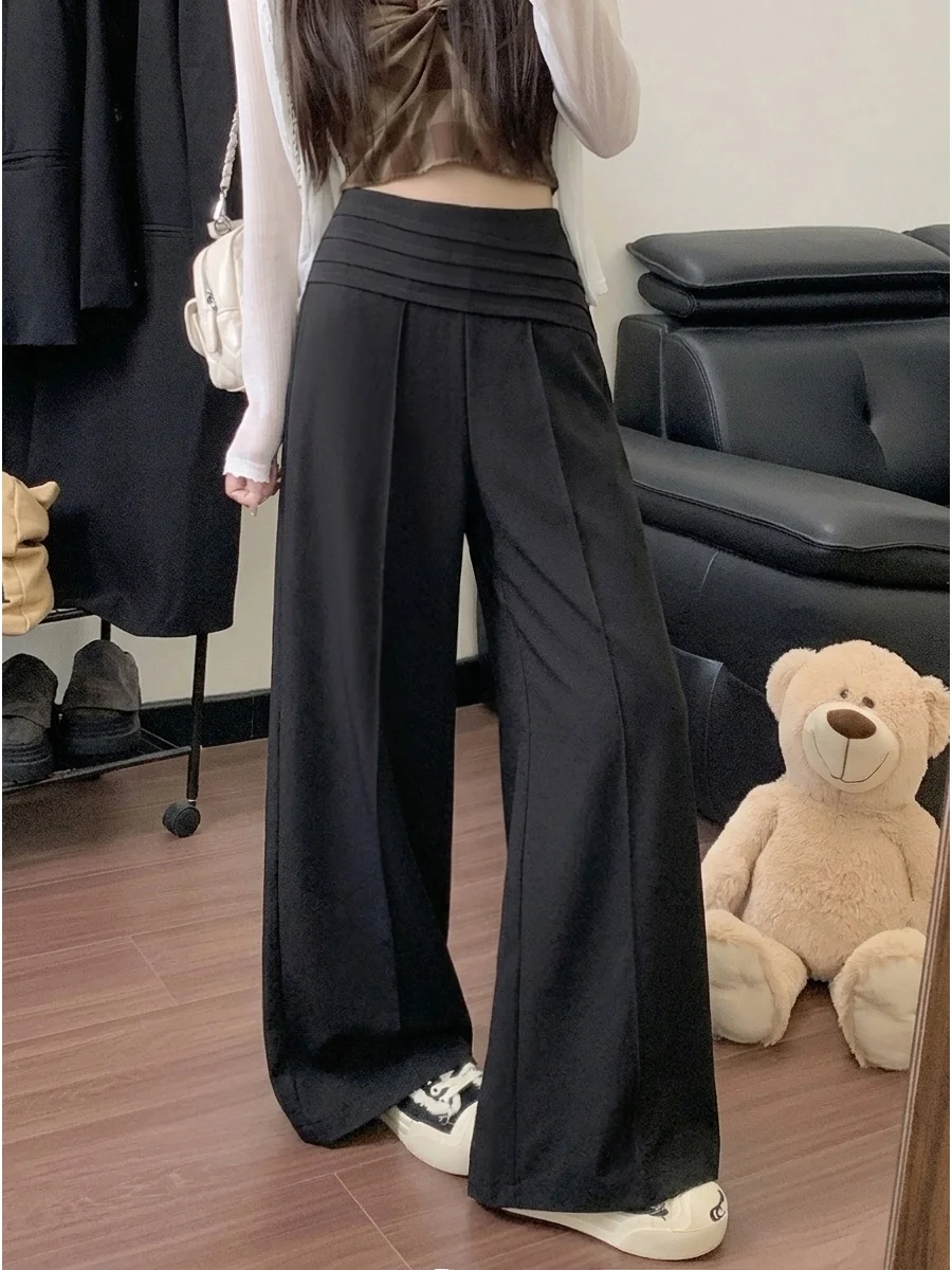 Elegant High Waist Wide Leg Pants Women's Fashionable Three-Layer Pleated Casual Floor-Length Trousers Commute Style Pure Color