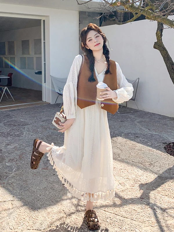 

Женский комплект из двух предметов: длинное платье с V-образным вырезом и длинными рукавами, с кисточками на талии, для весны и осени, новинка, корейский стиль, с завышенной талией