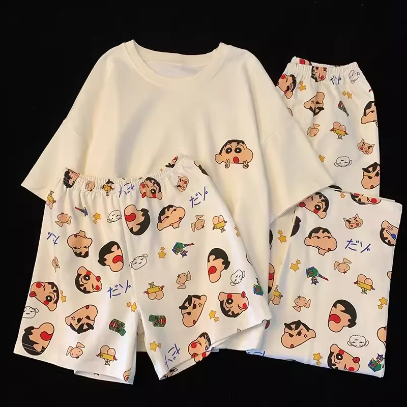 Couple Pajamas Boys and Girls Three-Piece Suit Summer Pure Cotton Short sleeve Cute Crayon Xiaoxin Korean Cartoon Home Wear