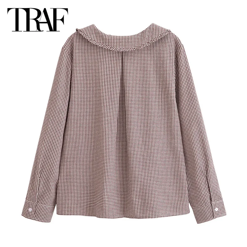 TRAF Plaid Women Shirt&Blouses Top 2024 Summer Autumn Long Sleeve Ruffled Shirt Ladies Fashon Casual Elegant Blouses For Female