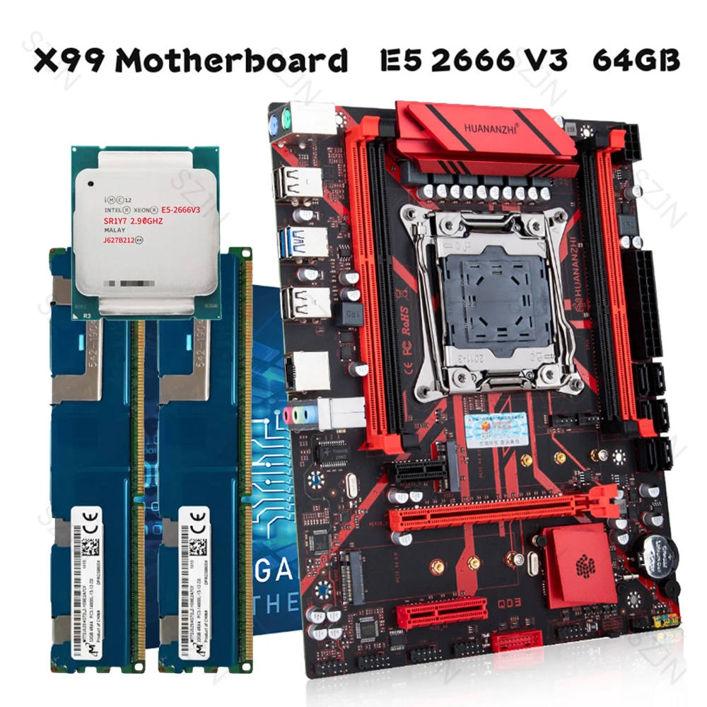 

Материнская плата HUANANZHI X99 QD3 с E5 2666 V3, 64 ГБ ОЗУ, серия RECC, поддержка NVME, USB3.0, SATA