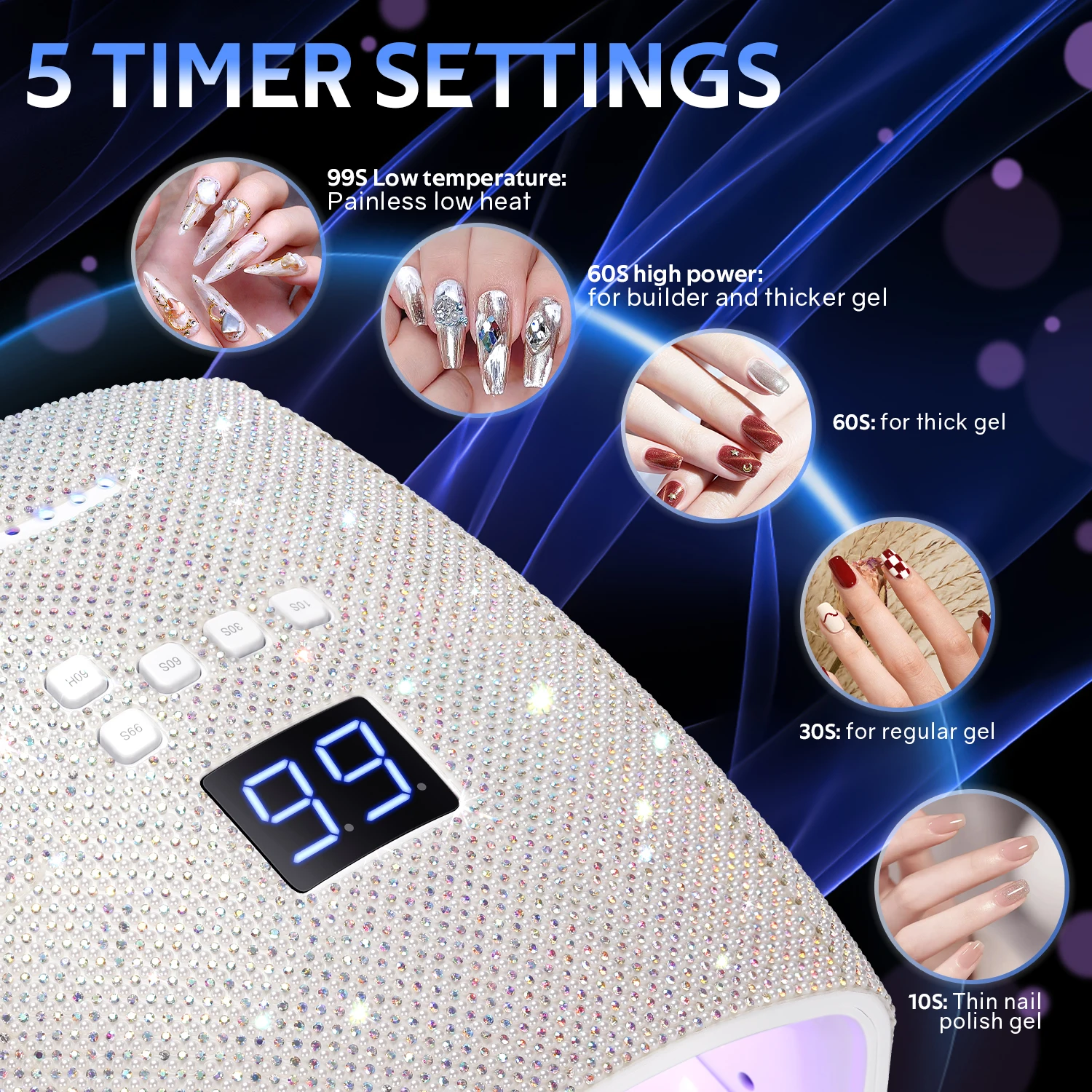 33leds lâmpada do prego com display lcd recarregável uv led lâmpada do prego 66w gel cura lâmpada com design de diamante para uso doméstico manicure