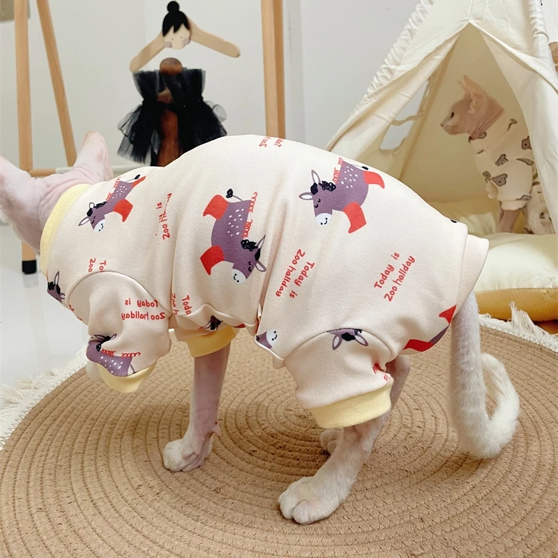 Cat Clothing Soft Warm 4-legged Cartoon Sweatshirt for Hairless Cat Autumn Winter Cotton Undercoat for Devon Sphynx Cat Supplies