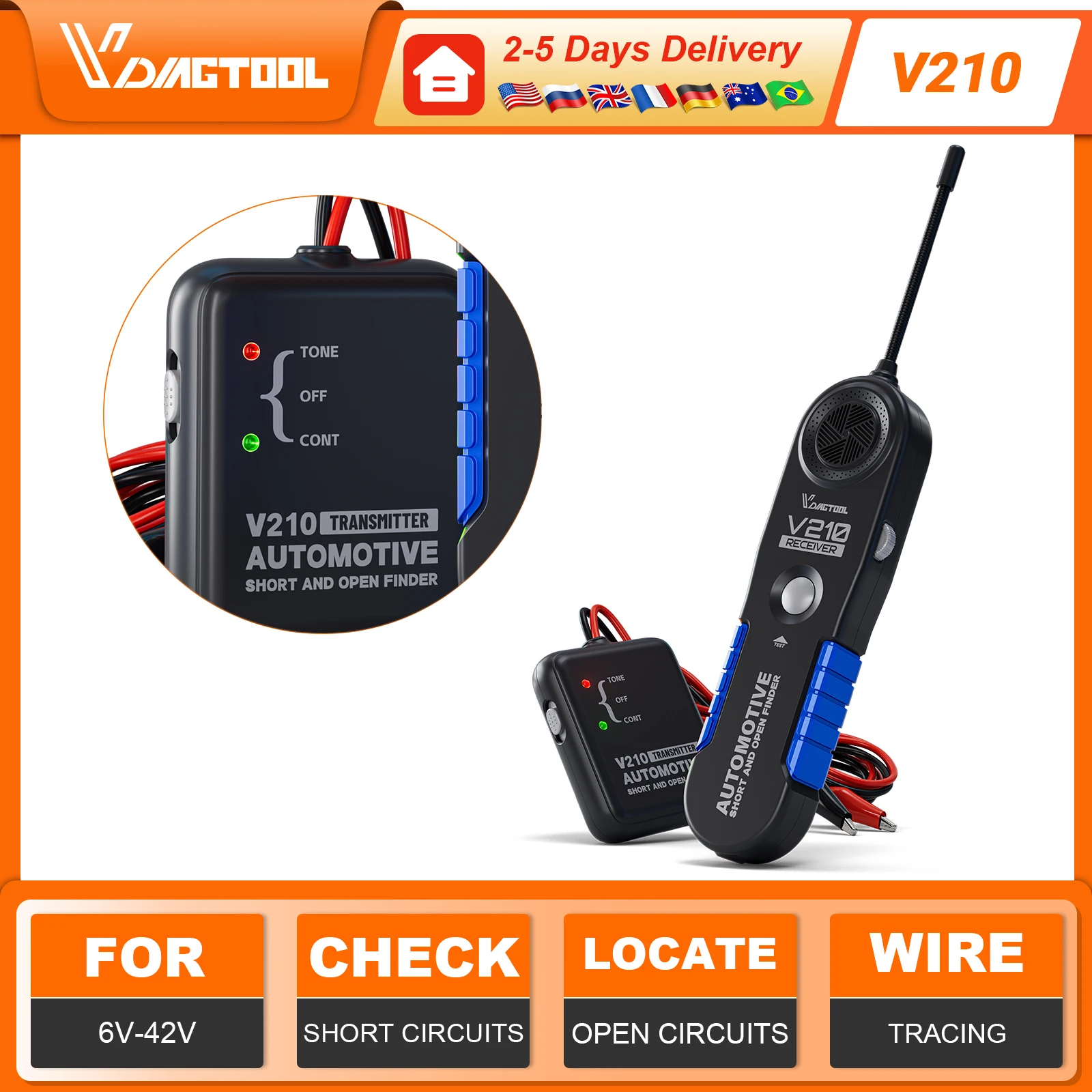 VDIAGTOOL V210 Kfz-Stromkreisprüfer Auto-Stromprüfstift 12V 24V Testleuchte Polaritätsprüfer Auto-Diagnosewerkzeug