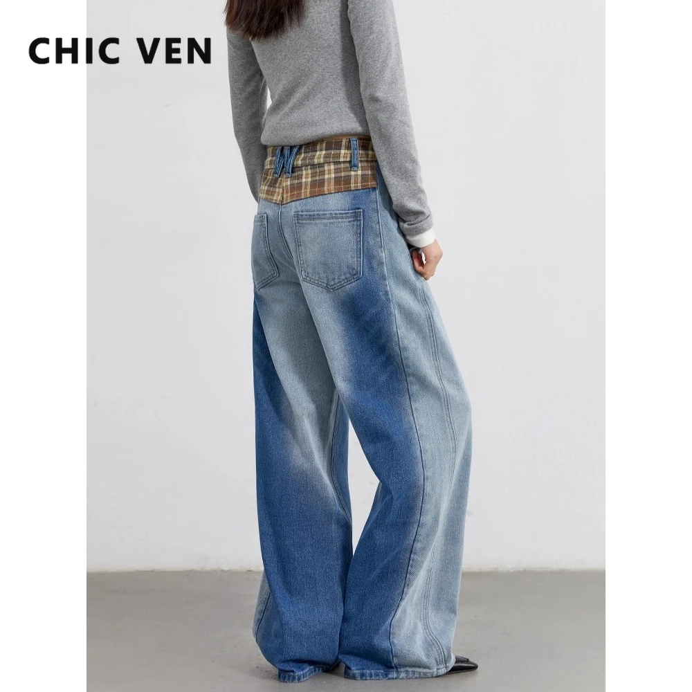 

Женские джинсы CHIC VEN, синие повседневные новые винтажные джинсовые брюки в клетку с высокой талией, женские прямые брюки, осень-зима 2025
