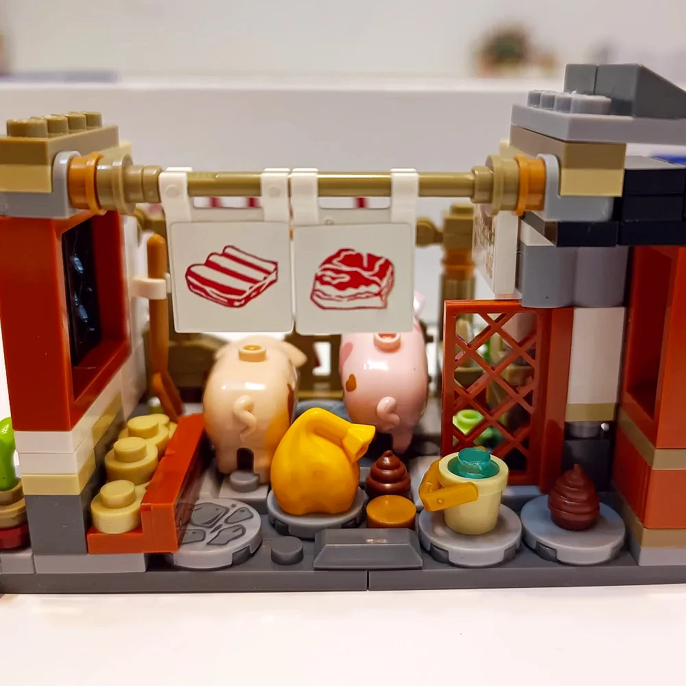 Mini Ziegel Schweine fleisch Shop Street View modular ize erstellen Ideen entzückende Bausteine Ziegel Modell pädagogisches Spielzeug Geschenk 1105 stücke