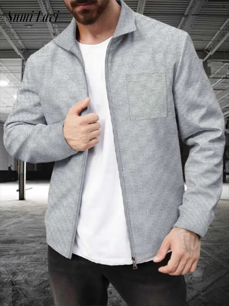 

Vintage Turn-down Collar Zip-up Jackets Mens Stylish Solid Color Waffle Texture Jacket Coat Men 2025 Autumn Outdoor Casual Coats