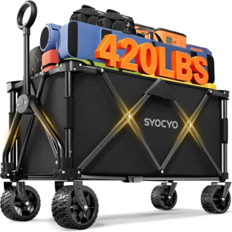Beach Wagon 420LBS Heavy Duty Wagons Carts Foldable, Collapsible Wagon with Big Wheels for Sand and Cup Holders for Camping Gar