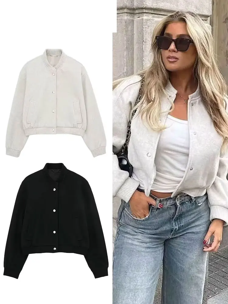 

HH 2024, женская уличная модная однотонная куртка-бомбер с длинными рукавами и карманами, однобортное осеннее повседневное пальто, топы в стиле ретро
