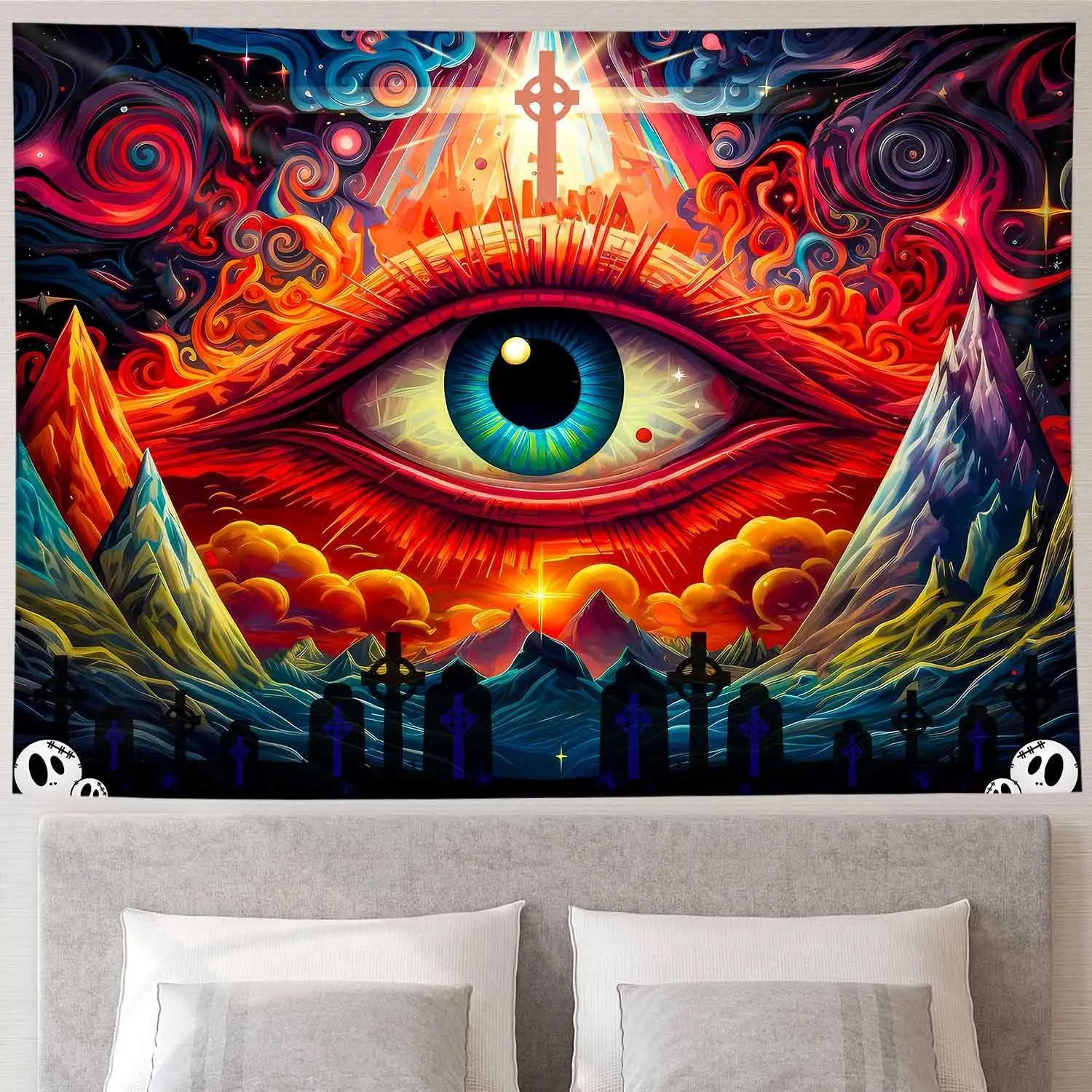 Simsant The Eye Of Providence Tapestry A Symbol Of Power The Eye Of The All-Seeing Cross Mountains Abstract Aesthetic Tapestry
