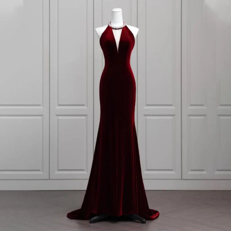 Evening Dress Halter Sleeveless Zipper Back Floor-Length Burgundy Mermaid Elegant Velour New Party Formal Dresses Woman B2750