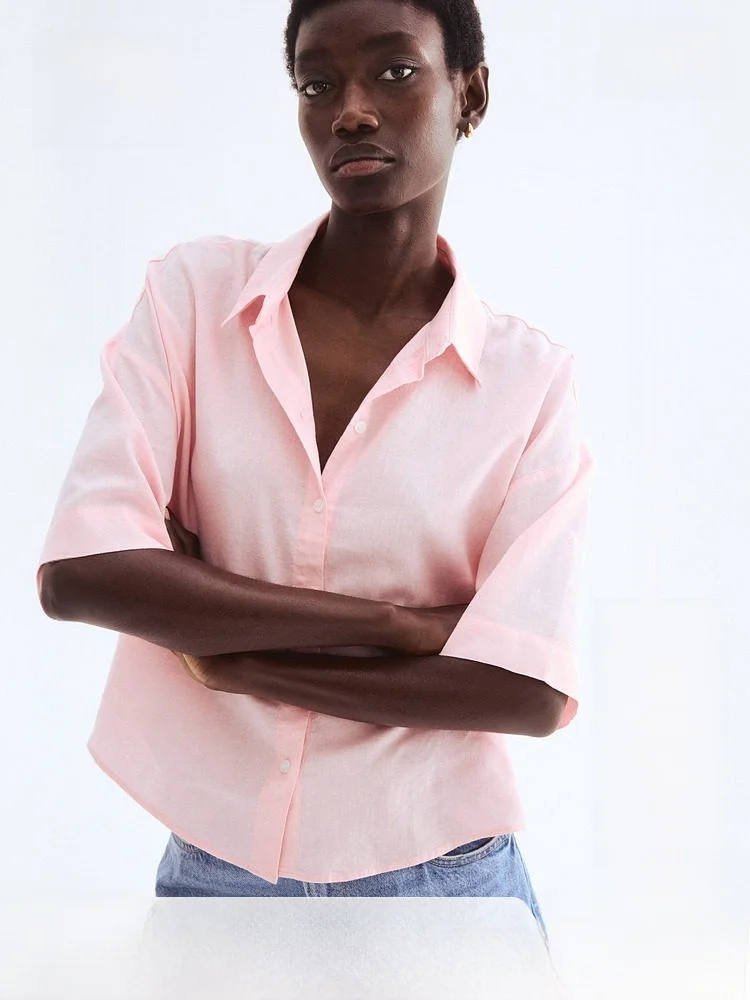 

H&M Women's Casual Linen Shirt Fashionable Commute Summer Loose Feel Mixed Fibre Linen Shirt Short Sleeve Turn-down Collar
