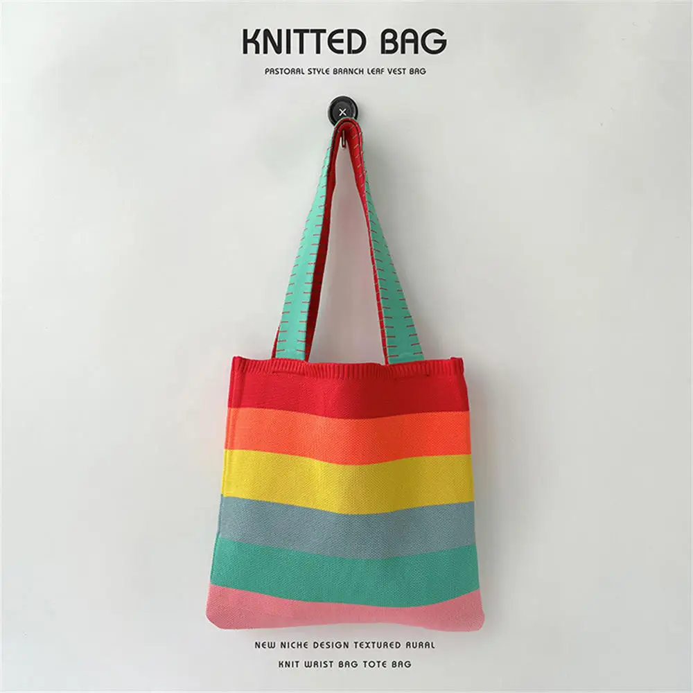 Rainbow Contrast Color Striped Handbag Y2k Korean Style Shoulder Bag Knit Eco Friendly Shopper Tote Handwoven Cute Beach Bag