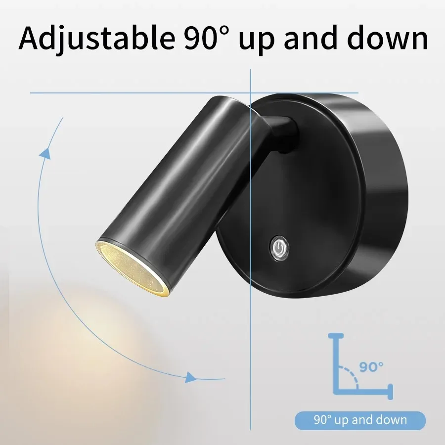 Mini Rechargeable Wall Light Black White Simple Three Color Adjustable Bedroom Bathroom Doorway LED Wireless Magnetic Spotlight