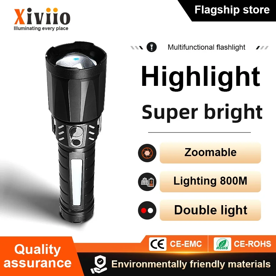 New Super Bright LED Flashlight Zoomable Torch COB Double Light USB Rechargeable Flashlight Outdoor Camping Fishing Hand Lamp