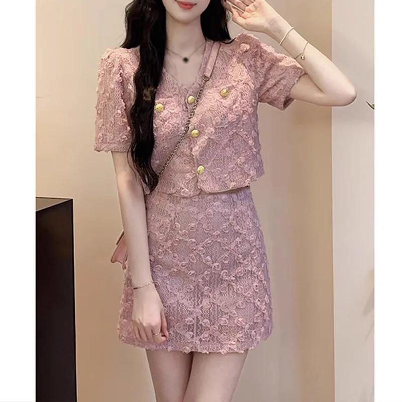 Summer Women's Small Fragrant 2 Piece Skirt Sets Sweet Pink 3D Flower Appliques Short Sleeve Top  High Waist Mini Skirt Suits