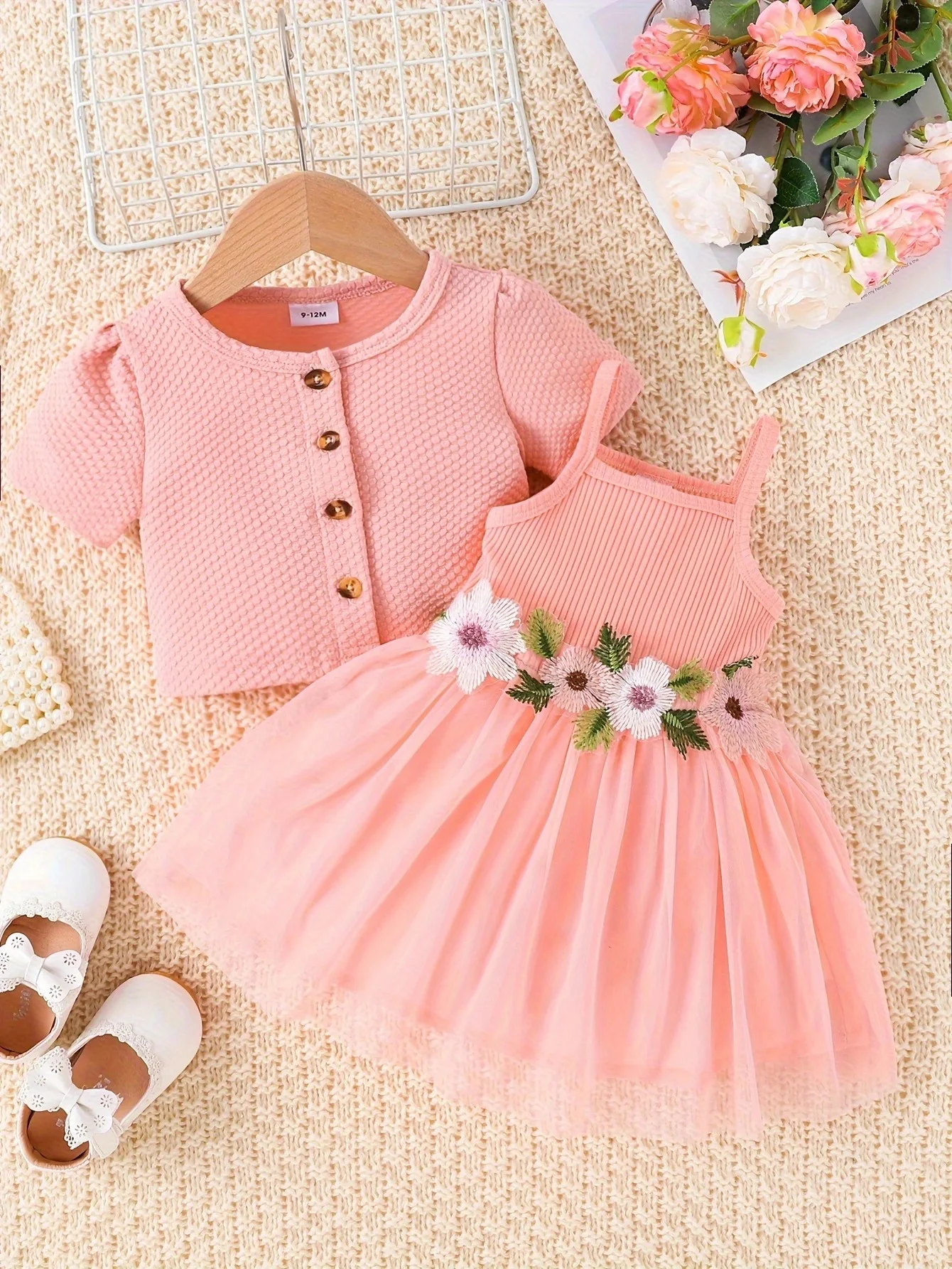 0-3 year old baby girl summer style waist flower design sleeveless suspender pink dress+same solid color short sleeved jacket se