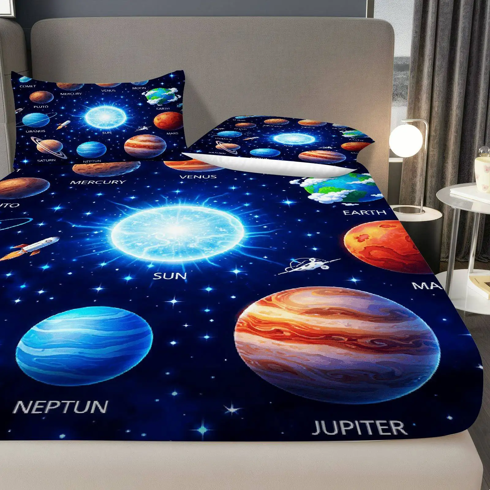 Solar system themed three-piece bedding set, breathable and comfortable mattress protector, made of breathable polyester material (includes 1 fitted sheet + 2 pillowcases). Mattress protector, fitted sheet style with elastic edges, protective cover, mattress cover, fitted sheet bedding, Christmas themed bedding - view 3