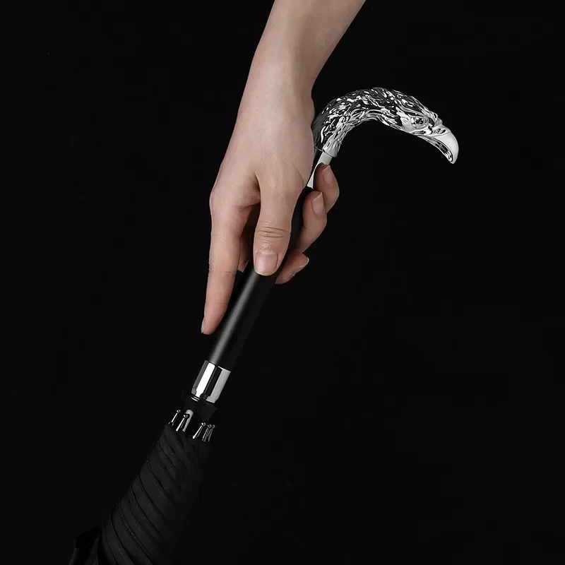 Vintage Pure Black Gentleman Umbrellas Silver Animal Head Handle Detachable Large Size Long Handle Umbrella Household Rain Gear