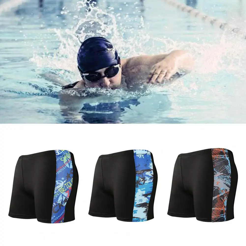 Beach Boxer Trunks Inside Drawstring Mid Waist Men Swimming Trunks High Elasticity Side Print Bathing Short Pants for Gym