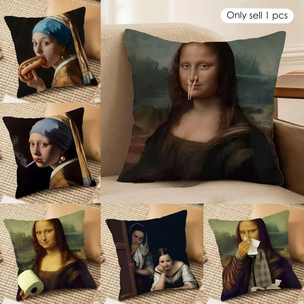 Mona Lisa Wearing Pearls Girl Cushion Cover Silky Short Plush Invisible Zipper Dustproof Sofa Pillow Case for Home Decor