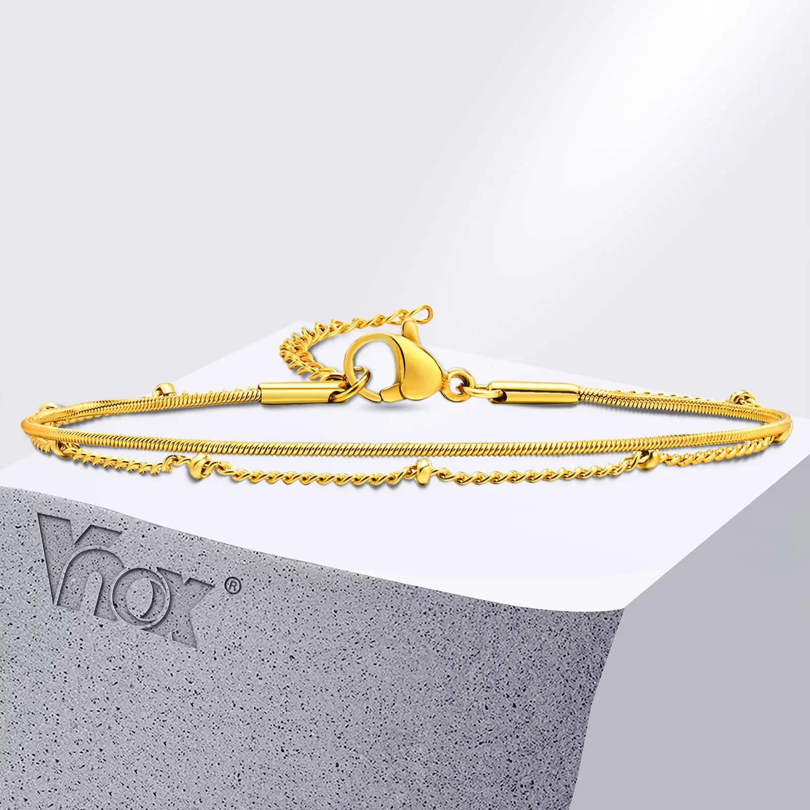 Vnox Double Layers Chain Bracelets for Women Girls, Stackable Satellite Snake Link Chain Wristband, Chic Dainty Jewelry