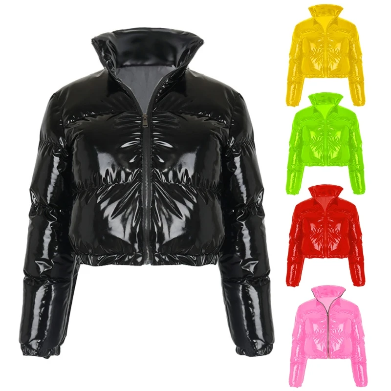 Women Winter Long Sleeve Zipper Puffer Jacket Stand Collar Shiny Metallic Faux Leather Cropped Puffy Bubble Coat Quilted Parkas