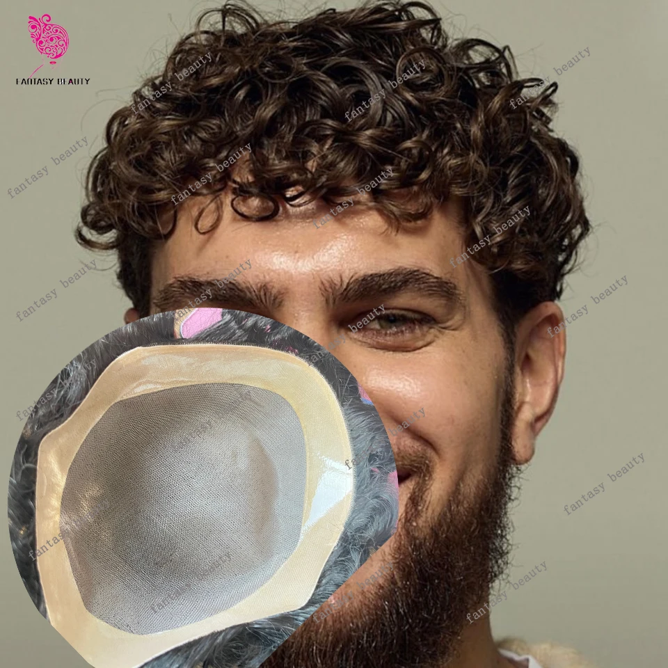 

Black 20mm 24mm Curly Natural Hairline Undetectable Human Hair Prosthesis System Male Toupee Super Durable Easy Wear Wig for Men